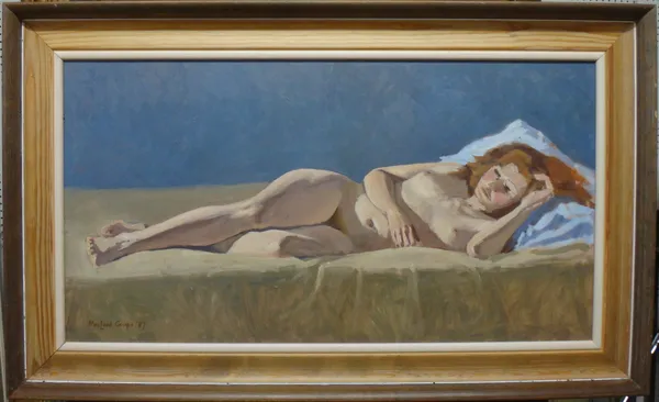 Philip Macleod-Coupe (b.1944), Reclining nude, oil on board, signed and dated '87, 40cm x 75cm.  A4