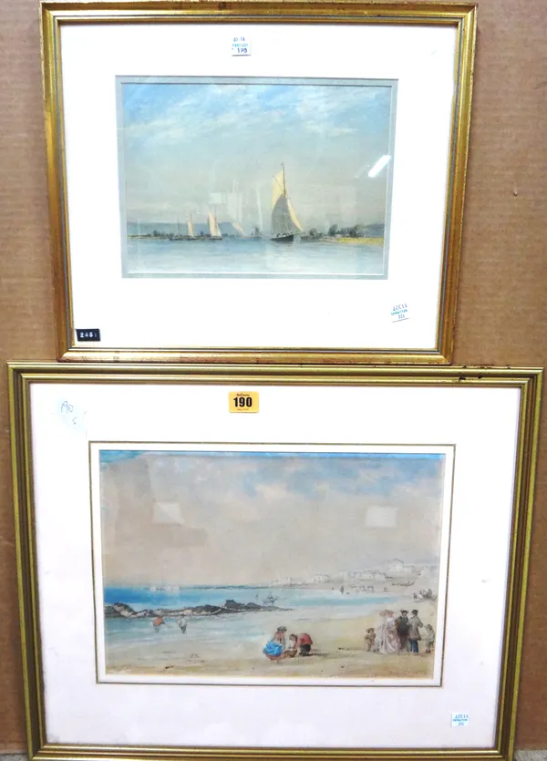 English School (19th century), Beach scene, watercolour, 26cm x 36cm.; together with a further watercolour by another hand of vessels off the coast.(2