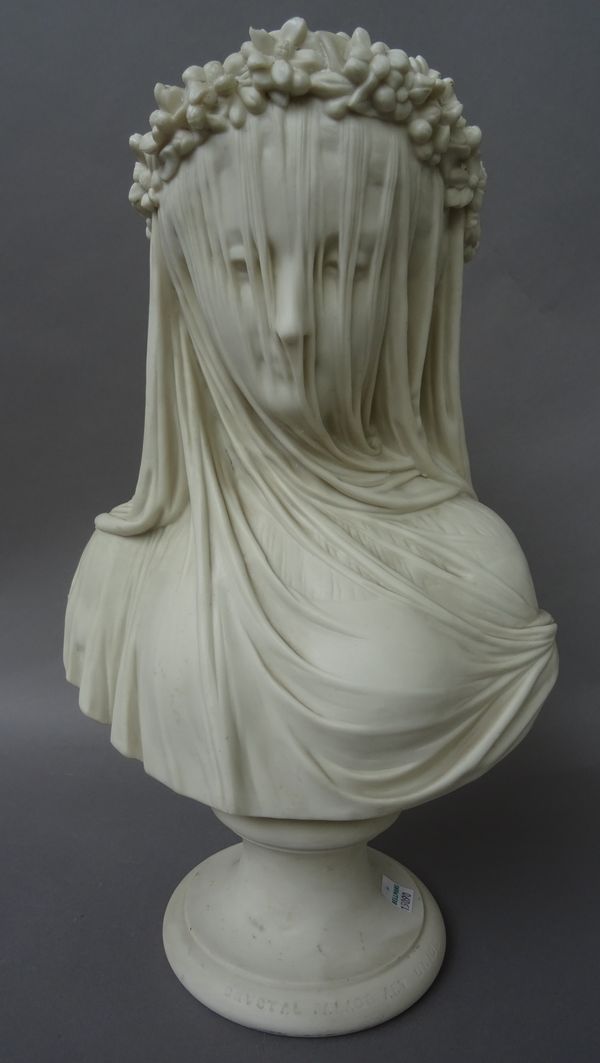 A Copeland parian bust of `The Bride', circa 1861, modelled by Raphaelle Monti for the Crystal Palace Art Union, raised on a socle base, incised and i