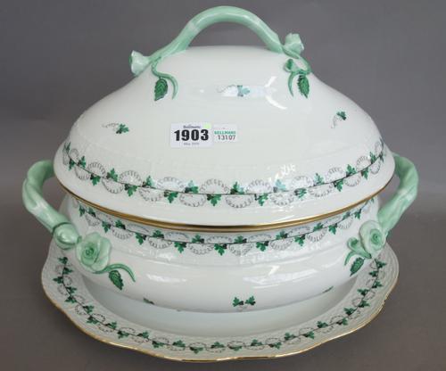 A Herend porcelain eight piece dinner tea and coffee service decorated in the green 'Grape and leaf vine' pattern comprising; two handled oval tureen