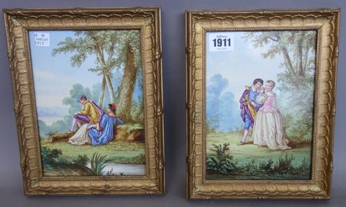 A pair of Continental porcelain rectangular plaques, early 20th century, each painted with a gallant and companion in a landscape, (19cm x 14cm), gilt