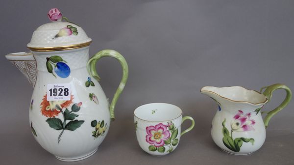 A Herend porcelain part dinner and tea service decorated in the 'Fruits and Flowers' pattern, comprising; eleven large dinner plates (27.5cm diameter)