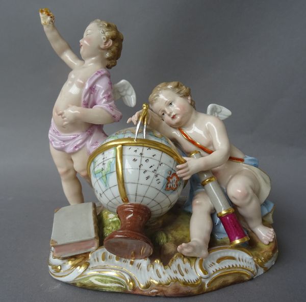 A Meissen porcelain allegorical group, 'Astronomy and Navigation', late 19th century, incised 2460, stamped 110, blue crossed swords mark, modelled wi