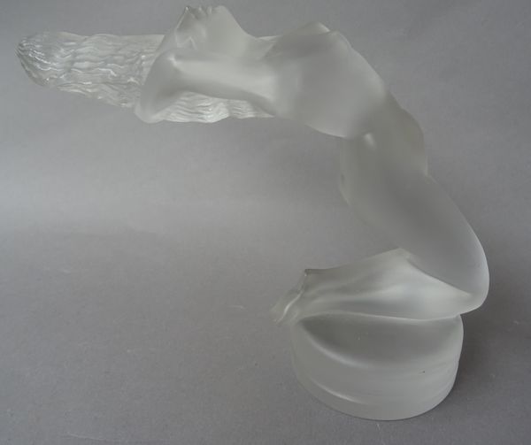 A Lalique 'Chrysis' frosted glass car mascot, late 20th century, modelled as a female nude on a circular base, etched 'R. LALIQUE FRANCE.' 13cm high.