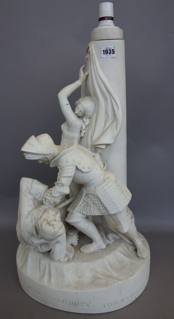 A large John Rose & Co., Coalport, parian group, `Britomartis Releasing Amoret', circa 1852, modelled by Joseph Pitts, from Book III, Canto 12 of Spen