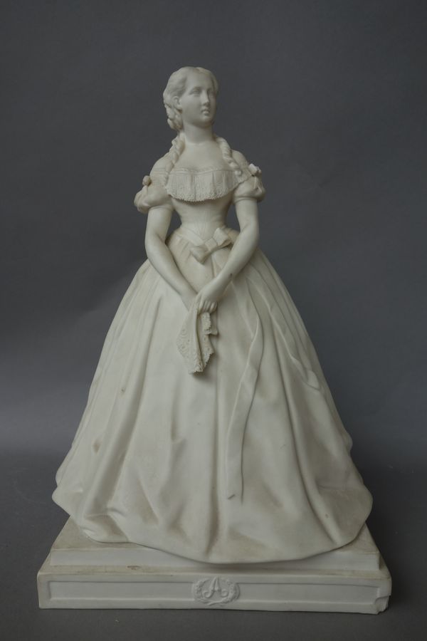 A rare parian portrait figure of Princess Alice, possibly Copeland, second half 19th century, modelled standing on a square base bearing the letter `A