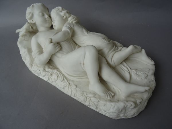 A Minton parian group,` Babes in the Wood', circa 1850, modelled by John Bell, incised mark to base, `Feb 3 Large', 29cm. length.