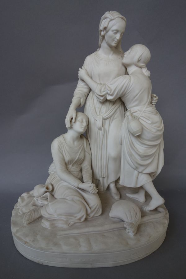 A Minton parian group, `Naomi and her daughters in law', circa 1858, raised on an oval titled base, impressed marks, 34cm. high.