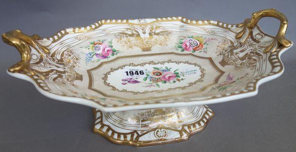 A Spode Felspar porcelain dinner service, circa 1820, gilt foliate decorated, comprising; rectangular two handled footed bowl (34cm wide), three recta