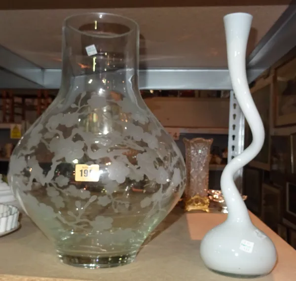 A large 20th century etched glass vase and an opaque spiral twist glass vase, (2)  S3T