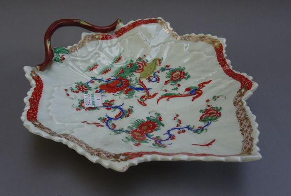 A Worcester leaf shaped dish, circa 1770, painted in the Kakiemon palette with long-tailed birds in flight and perched on branches of chrysanthemum,