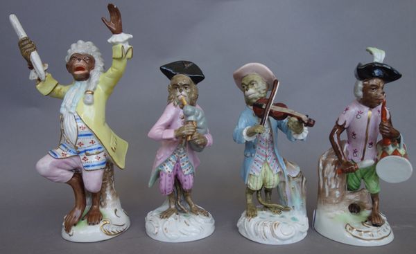 Nineteen porcelain monkey band figures, 20th century, part sets and singles (a.f), the tallest 18cm high. (19)