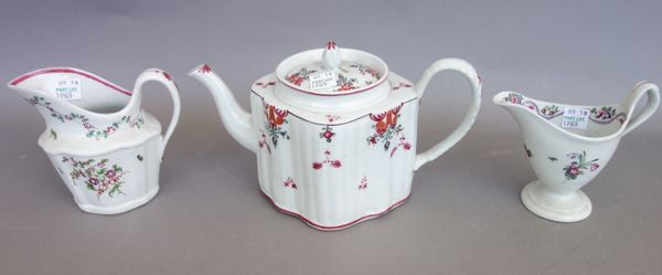 A New Hall silver-shaped teapot and cover, circa 1785-90, painted with flower pattern `121', 13.5cm. high; also a New Hall silver- shaped milk jug pai