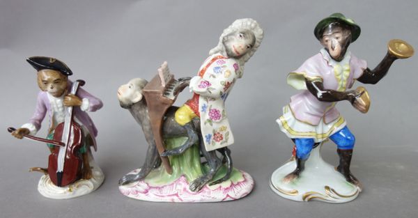 Eleven porcelain monkey band figures, 20th century, part sets and singles (a.f.), the tallest 14.5cm high, (11) .