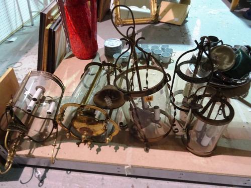 A group of five 19th century and later brass and glass ceiling lanterns, (5).   S3B