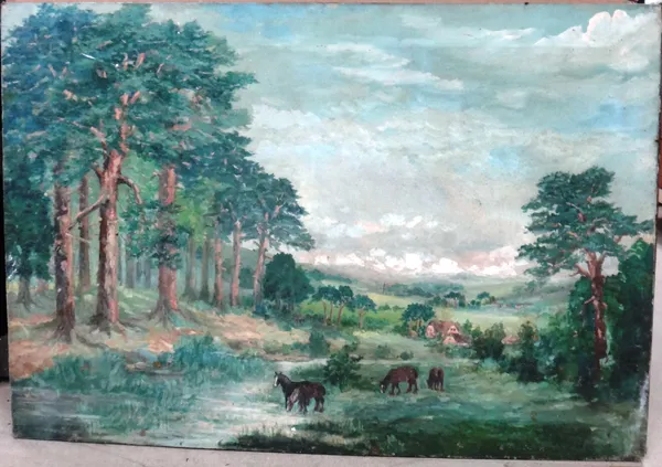 Rod Steinkamp (20th century), Horses grazing in a wooded landscape, oil on canvas, signed and dated 1945, unframed, 88cm x 127cm  A5