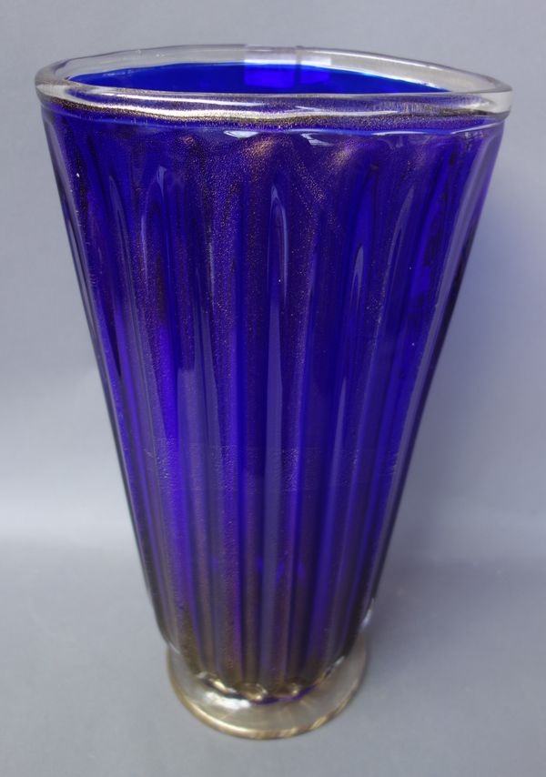 A Murano blue and gilt glass vase, signed 'Toso Murano' to the base, 42cm high.