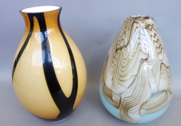 A Svaja modern glass vase, mottled browns and turquoise against a tapering cylindrical ground, 28cm high, and another modern glass vase, (2).