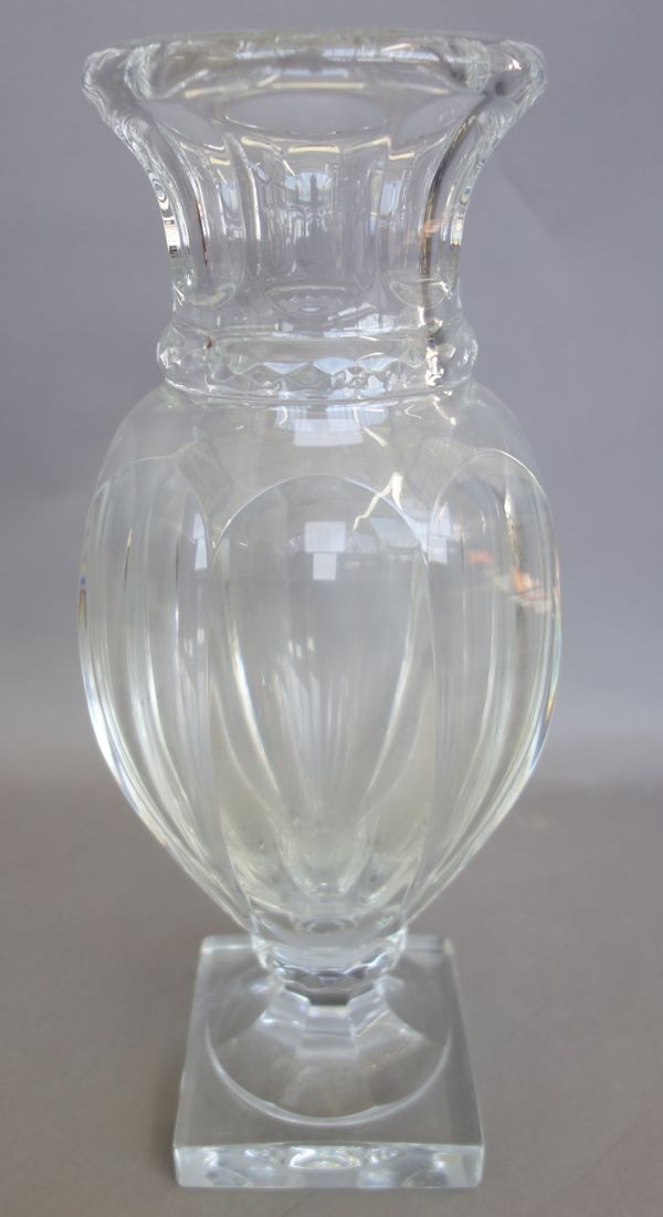 A modern Baccarat glass vase, of baluster form, raised on a square foot, acid etched mark to base, 35cm high.