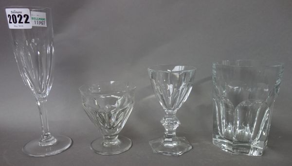 A part suite of Baccarat crystal stemware, "Harcourt" pattern, of hexagonal facet cut form, comprising; ten tumblers (12cm high), twelve cocktail glas