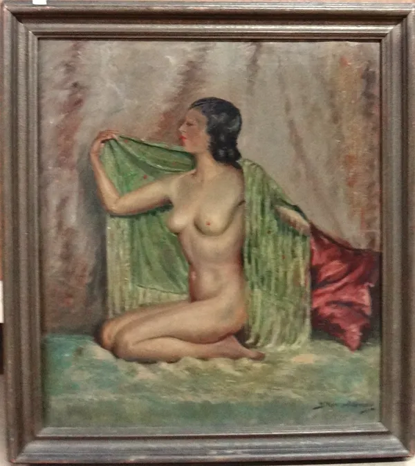M. Michelson-Gordon (20th century), Kneeling nude with shawl, oil on canvas, signed, 60cm x 53cm.  A4