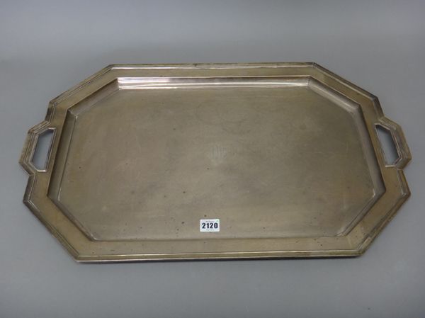 An American sterling twin handled tray, the centre initial engraved JFB, otherwise of angular Art Deco form, detailed Black, Starr & Frost Sterling 87