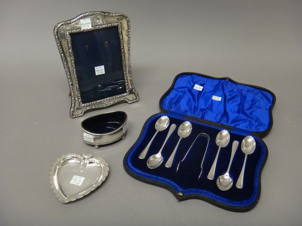 Silver and silver mounted wares, comprising; a set of six silver rat tail pattern coffee spoons, Sheffield 1906 and a pair of similar sugar tongs, She