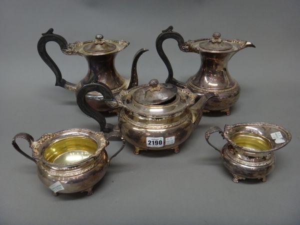 A silver five piece tea and coffee set, comprising; a tea pot, a coffee pot, a hot water jug, a twin handled sugar bowl and a milk jug, each piece of