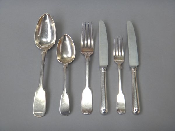 Silver fiddle pattern table flatware, comprising; fourteen dessert forks, fourteen dessert spoons, ten table forks and four tablespoons, mixed mostly