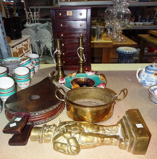 Collectables including a mahogany six drawer table top chest, bellows, candlesticks, Churchill door stop and sundry, (qty). S2M
