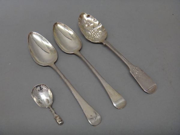 Silver, comprising; a tea caddy spoon, of shovel form, engraved with a foliate spray, by Taylor & Perry, Birmingham, possibly 1837, a pair of Old Engl