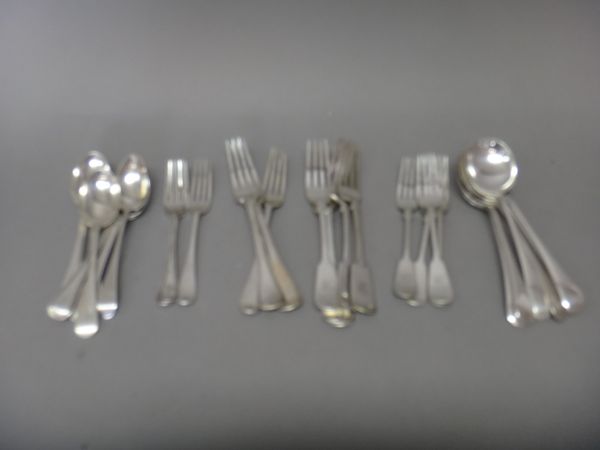 Silver table flatware, comprising; six dessert spoons, three dessert forks and three table forks, various dates and patterns, combined weight 682 gms