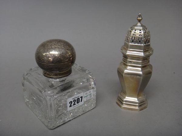 Silver and silver mounted wares, comprising; a square glass hinge lidded ink stand, with a glass drop in liner (the hallmark indistinct) and a sugar c