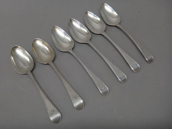 Silver, comprising; four bead and thread edged Old English pattern tablespoons, London 1793 and a pair of bright cut edged Old English pattern tablesp