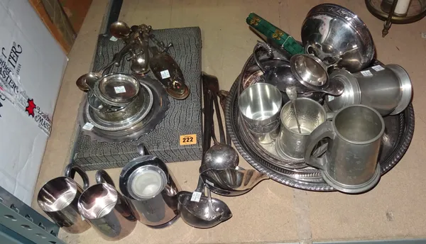 Silver plated wares, including; a sauce boat, a tray, mugs, flatware bottle coaster, ladles and sundry (qty).  S3B