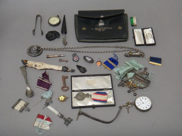 A group of Masonic regalia, a whistle, having a lion mask fitting, connected to a chain, two gentleman's silver cased openfaced pocket watches, a smal