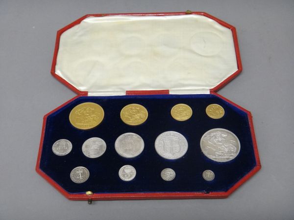 An Edward VII 1902 Coronation year thirteen coin matt proof specimen coin set, comprising; four gold coins from five pounds piece to half sovereign an