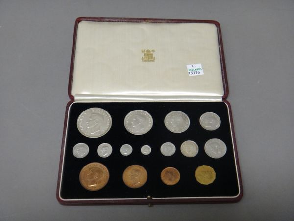 A George VI 1937 fifteen coin Coronation year specimen proof set, from crown to farthing, including the four Maundy coins, with the original Royal Min