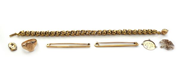 A group of gold jewellery, comprising; a multiple link bracelet, on a snap clasp, detailed 585, two 9ct gold plain bar brooches, a gold oval signet ri