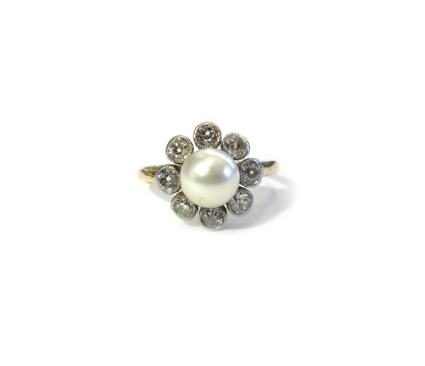 A gold ring, mounted with a single cultured pearl at the centre, in a surround of eight cushion shaped diamonds, ring size I and a half.