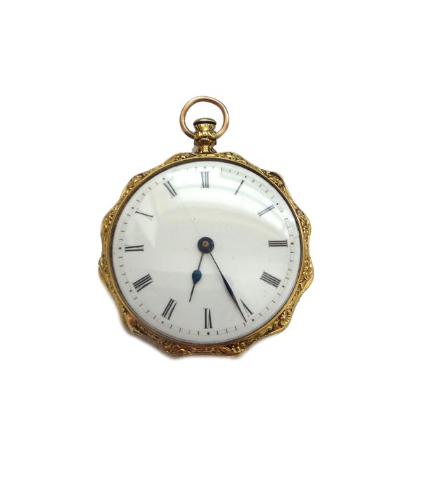 A gold cased and enamelled key wind open faced lady's fob watch, with an un-signed gilt cylinder movement, the gold inner case detailed, Piguet Geneve