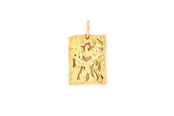 A gold pendant by Van Cleef & Arpels, of rectangular form, designed as two figures within a foliate surround, detailed VCA OR 750, fitted with a suspe