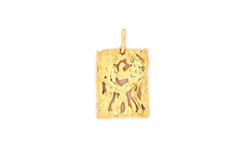 A gold pendant by Van Cleef & Arpels, of rectangular form, designed as two figures within a foliate surround, detailed VCA OR 750, fitted with a suspe