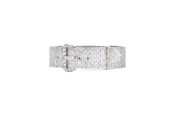 A Rolex Precision white gold and diamond set lady's bracelet wristwatch, in a buckle and strap design, detailed 750 Swiss made, having a textured fini