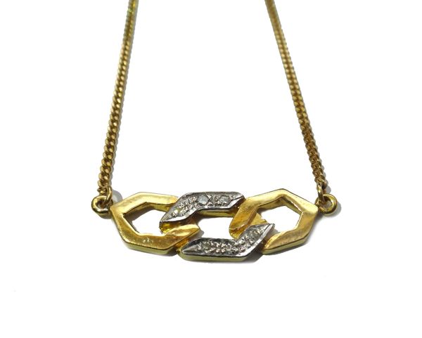 A gold and diamond set necklace, the front formed as three conjoined faceted chain links, mounted to the centre with six circular cut diamonds, detail