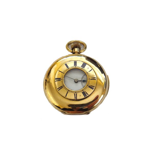 An 18ct gold cased, keyless wind, half hunting cased, quarter repeating fob watch, with an un-signed gilt three quarter plate, jewelled lever movement