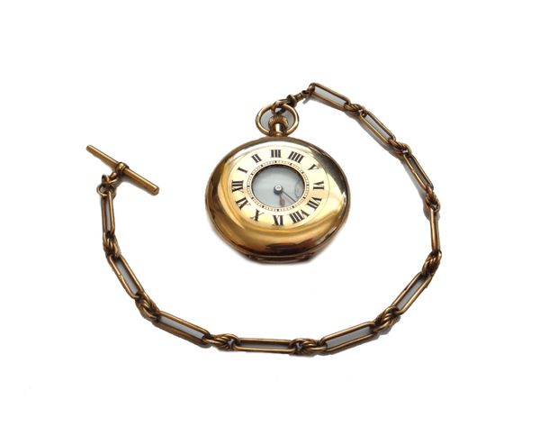 A gentleman's 9ct gold cased, keyless wind, half hunting cased pocket watch, with an unsigned jewelled lever movement, 9ct gold inner case, the enamel