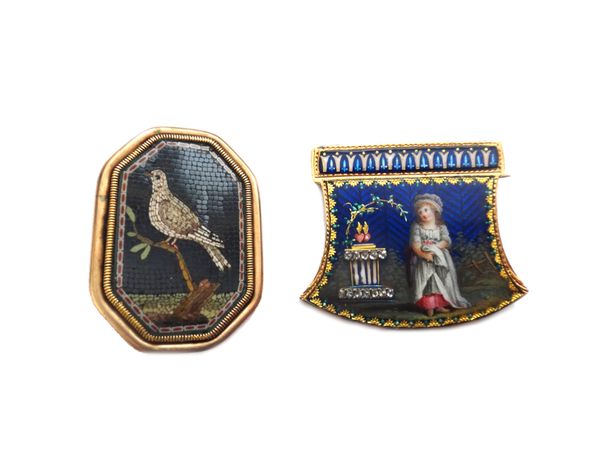 A gold mounted micro mosaic cut cornered rectangular brooch, designed as a dove perched on an olive branch, first quarter of the 19th century and an e