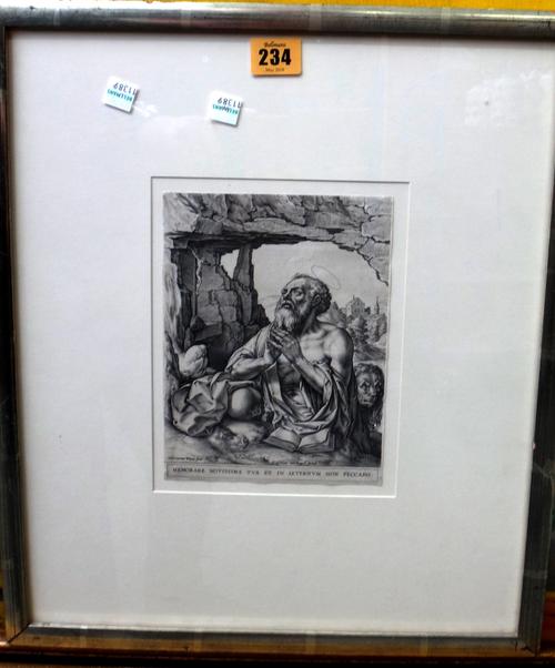 After Hieronymus Wierix, Saint in prayer, engraving by Van Luyck, 20cm x 14.5cm.  A6