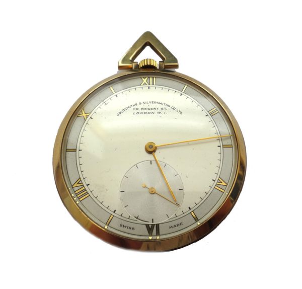 A Goldsmiths & Silversmiths Co Ltd 9ct gold cased, keyless wind, openfaced dress watch, the signed silvered dial with gilt Roman and baton numerals an